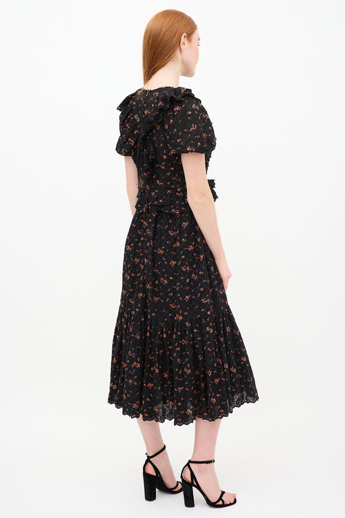 Ulla Johnson Black & Orange Floral Lace Tiered Dress