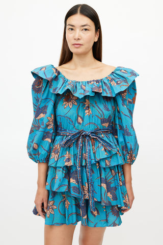 Ulla Johnson Blue & Multicolour Ruffled Belted Dress