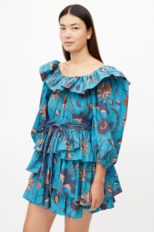 Ulla Johnson Blue & Multicolour Ruffled Belted Dress