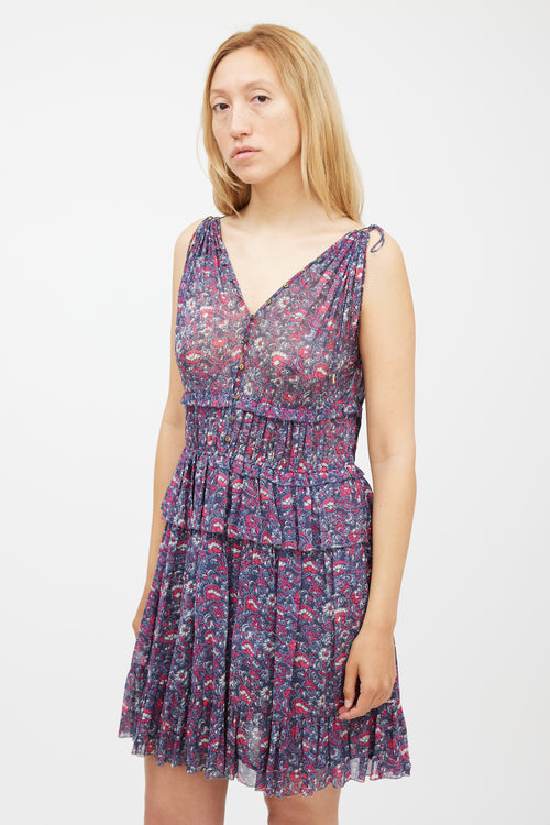 Ulla Johnson Blue & Pink Silk Floral Ruffled Dress