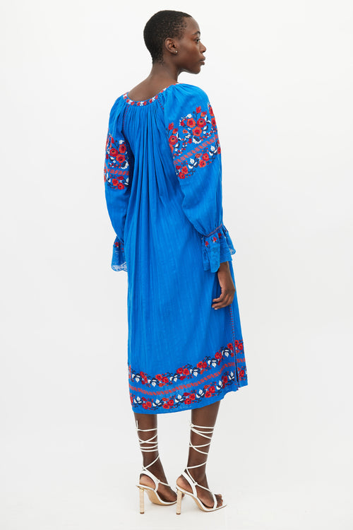 Ulla Johnson Blue & Red Floral Embroidered Dress