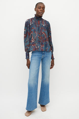 Ulla Johnson Blue & Red Printed Sheer Turtleneck Blouse
