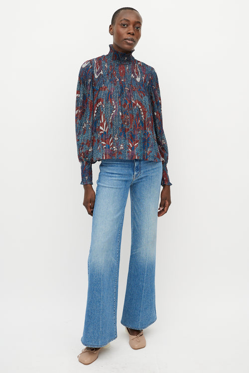 Ulla Johnson Blue & Red Printed Sheer Turtleneck Blouse