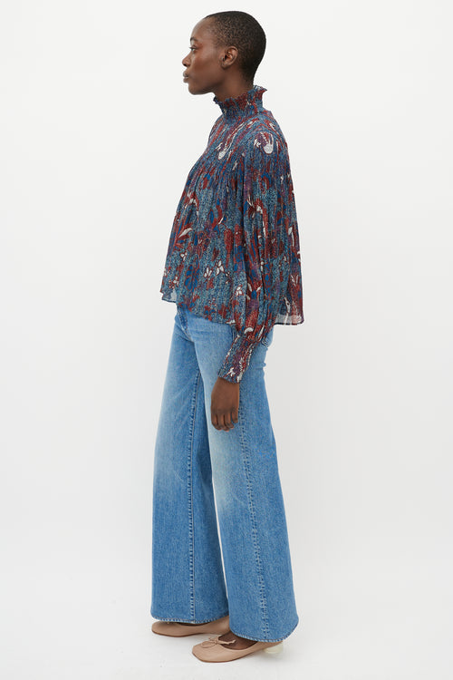 Ulla Johnson Blue & Red Printed Sheer Turtleneck Blouse