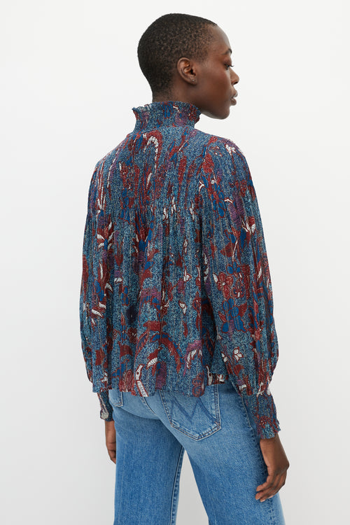 Ulla Johnson Blue & Red Printed Sheer Turtleneck Blouse