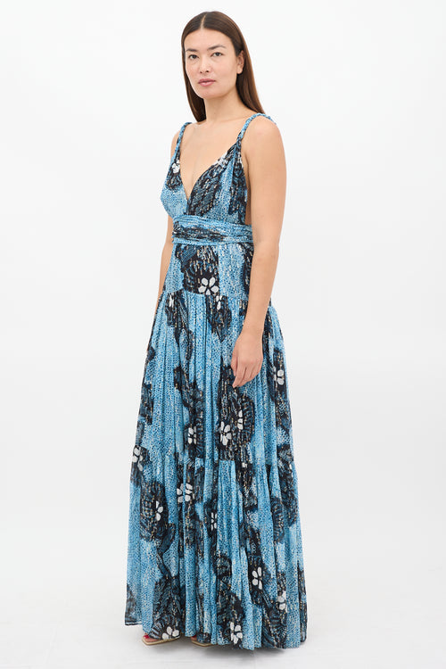 Ulla Johnson Blue Silk Floral Kemala Maxi Dress