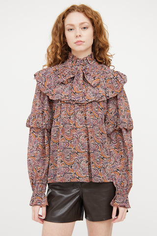 Ulla Johnson Burgundy & Multicolour Silk Paisley Pleated Top