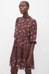 Ulla Johnson Burgundy & Multicolur Silk Floral Tiered Dress