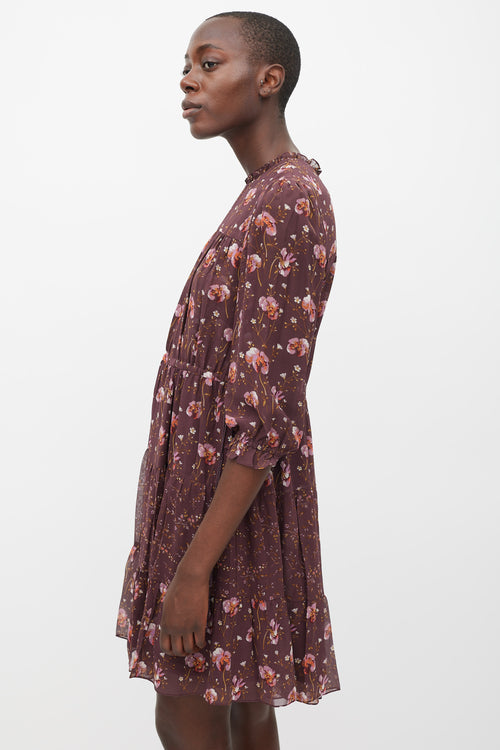 Ulla Johnson Burgundy & Multicolur Silk Floral Tiered Dress