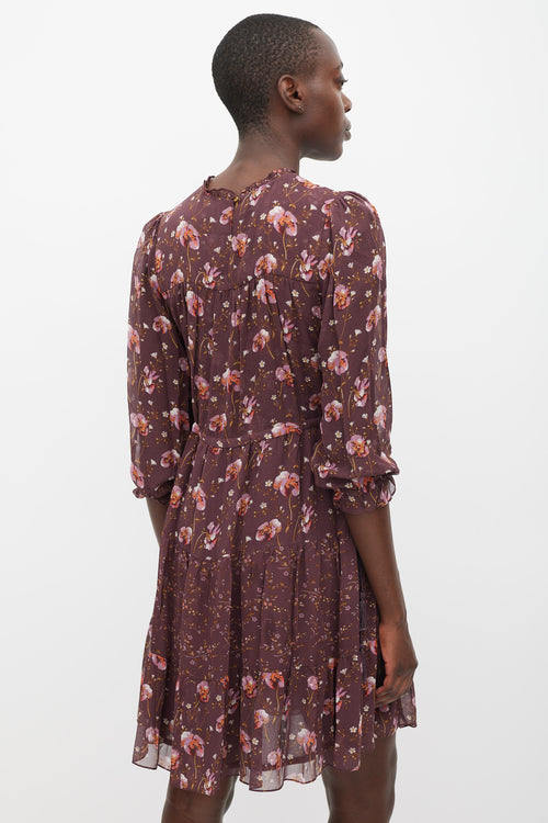 Ulla Johnson Burgundy & Multicolur Silk Floral Tiered Dress