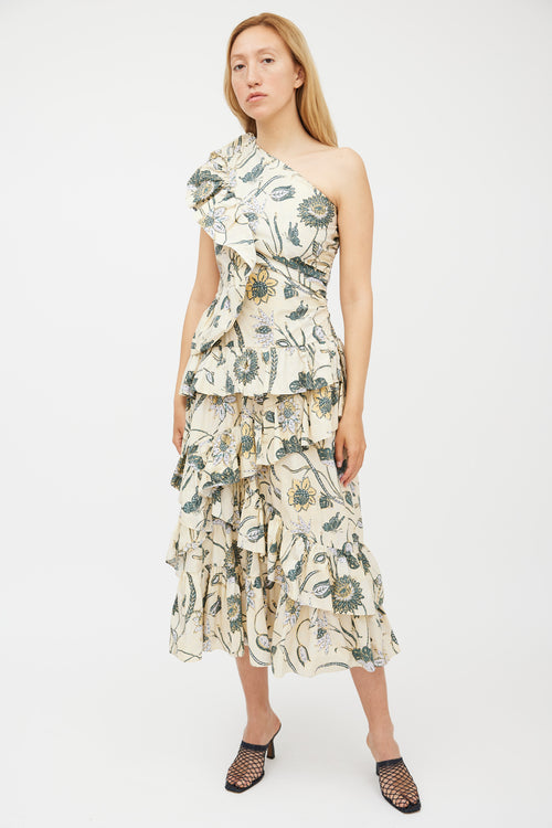 Ulla Johnson Cream & Green Floral Tiered Dress