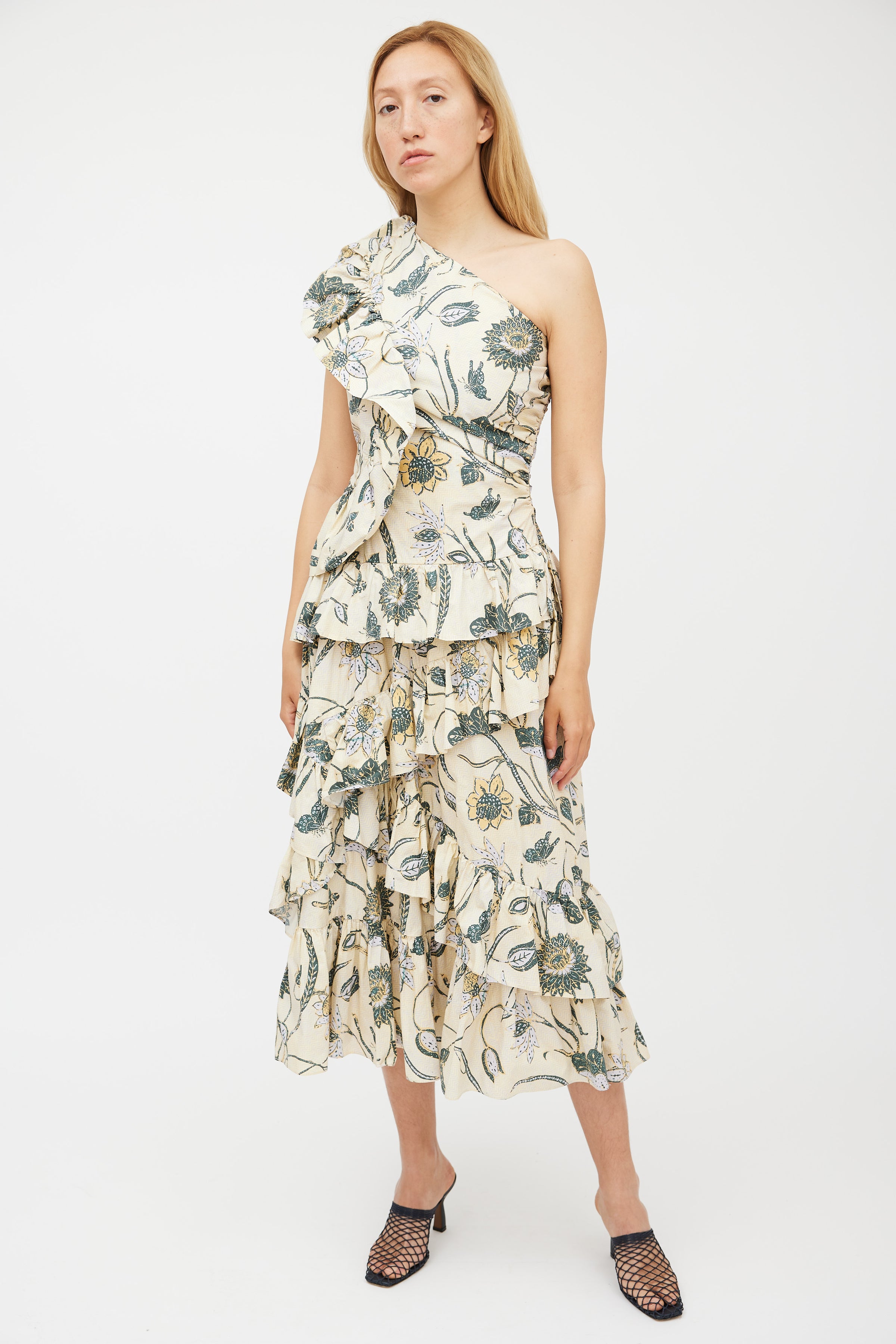 Ulla Johnson // Cream & Green Floral Tiered Dress VSP Consignment Ulla Johnson // Cream & Green Floral Tiered Dress VSP Consignment
