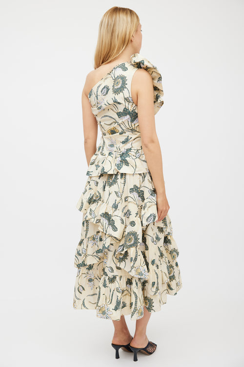Ulla Johnson Cream & Green Floral Tiered Dress