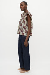 Ulla Johnson Cream & Purple Printed Crewneck Blouse