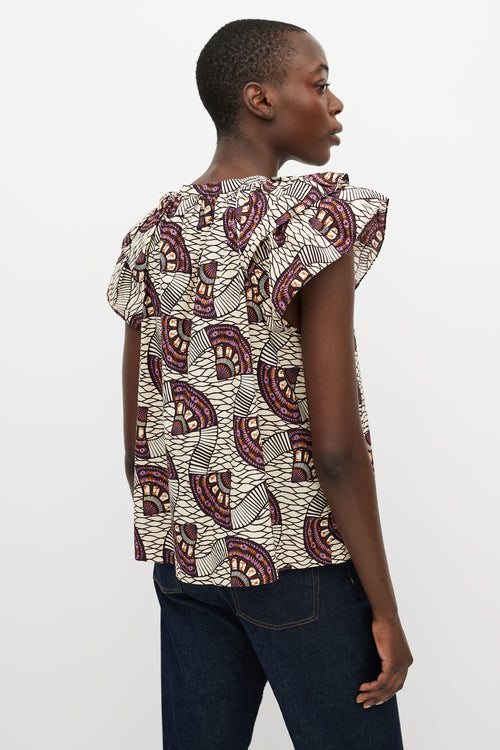 Ulla Johnson Cream & Purple Printed Crewneck Blouse