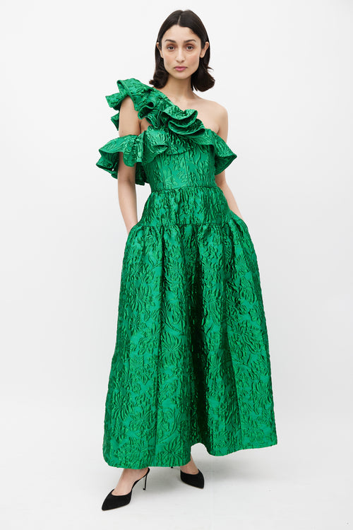 Ulla Johnson Green Jacquard Asymmetric Ruffle Gown
