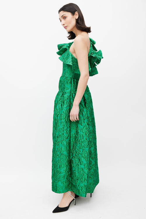 Ulla Johnson Green Jacquard Asymmetric Ruffle Gown
