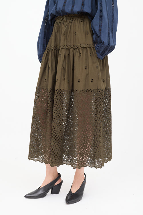 Ulla Johnson Green Eyelet Midi Skirt