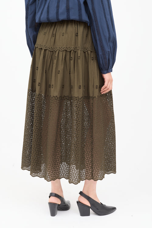 Ulla Johnson Green Eyelet Midi Skirt