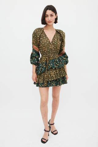 Ulla Johnson Green & Multicolour Cotton Printed Miranda Mini Dress