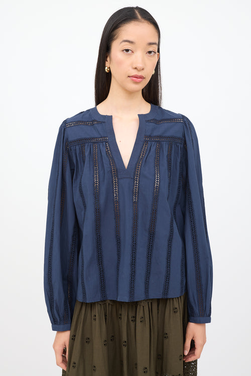 Ulla Johnson Navy Eyelet Long Sleeve Top