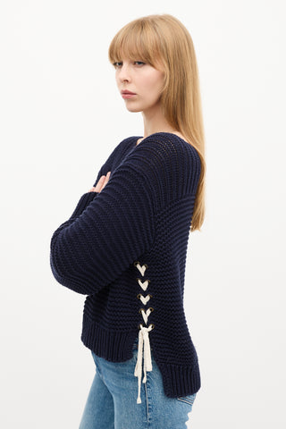 Ulla Johnson Navy Knit Lace Up Elliot Sweater