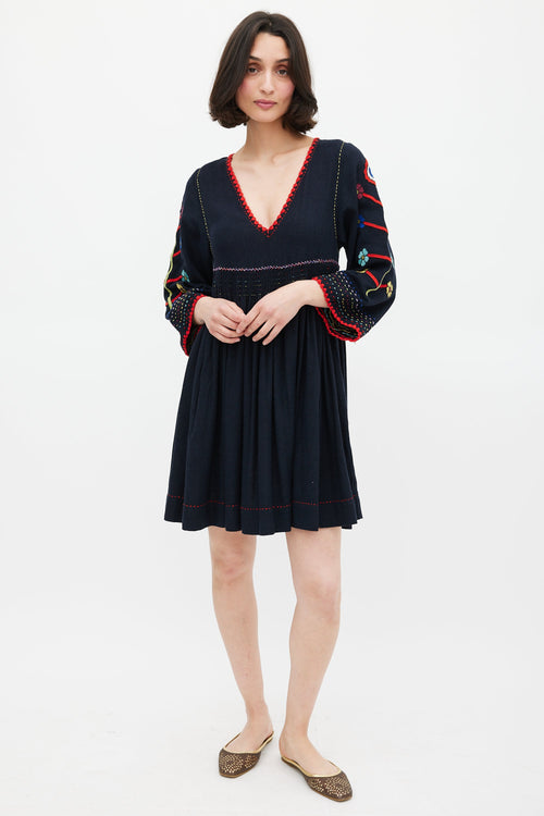 Ulla Johnson Black & Multi Silk Masha Embroidered Dress