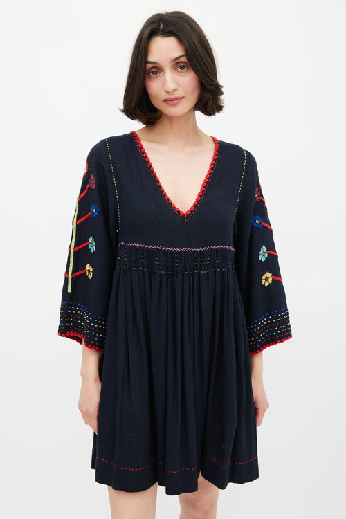 Ulla Johnson Black & Multi Silk Masha Embroidered Dress