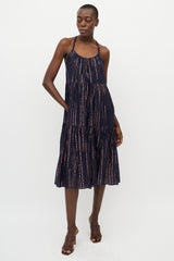 Ulla Johnson Navy & Pink Metallic Stripe Midi Dress