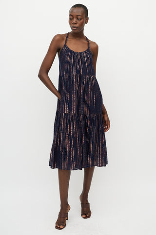 Ulla Johnson Navy & Pink Metallic Stripe Midi Dress