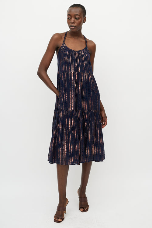 Ulla Johnson Navy & Pink Metallic Stripe Midi Dress