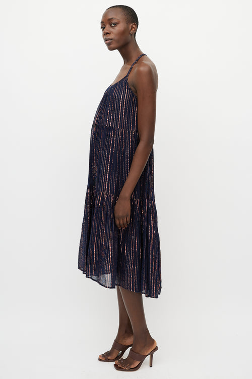 Ulla Johnson Navy & Pink Metallic Stripe Midi Dress