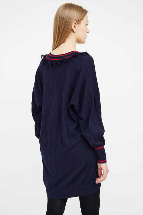 Ulla Johnson Navy & Red V-Neck Fringe Sweater