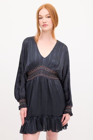 Ulla Johnson Navy Silk Smocked Mini Dress