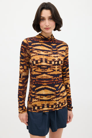 Ulla Johnson Orange & Black Printed Mock Neck Top