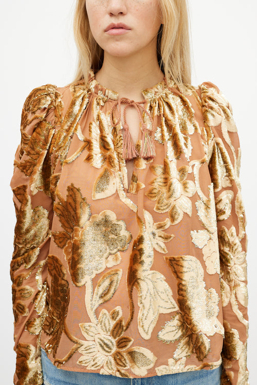Ulla Johnson Pink & Gold Floral Velvet Top