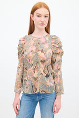 Ulla Johnson Orange & Multicolour Silk Printed Posey Ruched Top