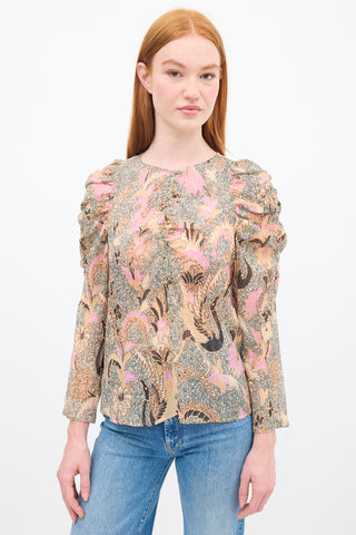 Ulla Johnson Orange & Multicolour Silk Printed Posey Ruched Top