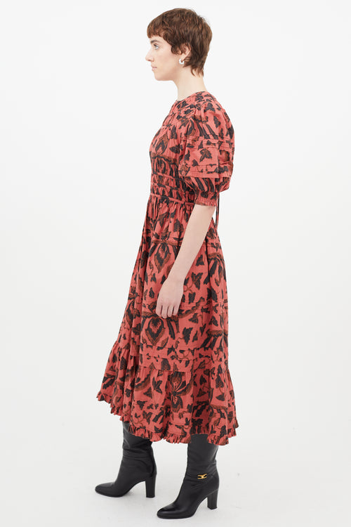 Ulla Johnson Red & Black Floral Pleated Dress