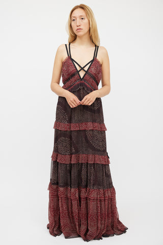 Ulla Johnson Red & Black Silk Ruffled Tiered Dress
