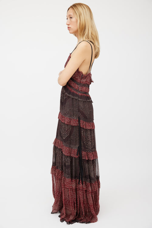 Ulla Johnson Red & Black Silk Ruffled Tiered Dress