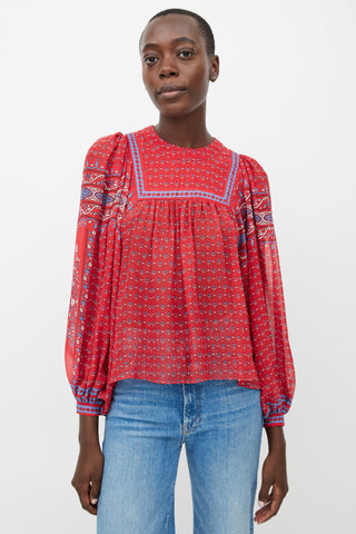 Ulla Johnson Red Silk Floral Blouse
