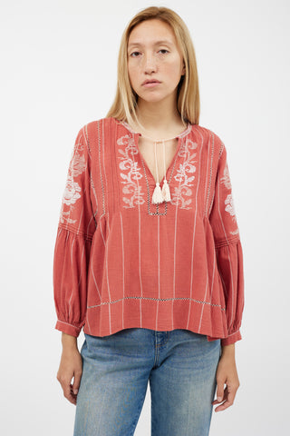Ulla Johnson Red & White Embroidered Top