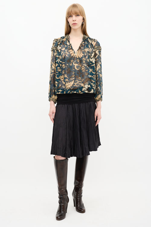 Ulla Johnson Teal & Beige Floral Printed Blouse