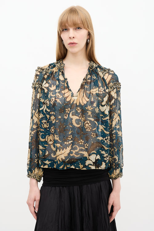 Ulla Johnson Teal & Beige Floral Printed Blouse