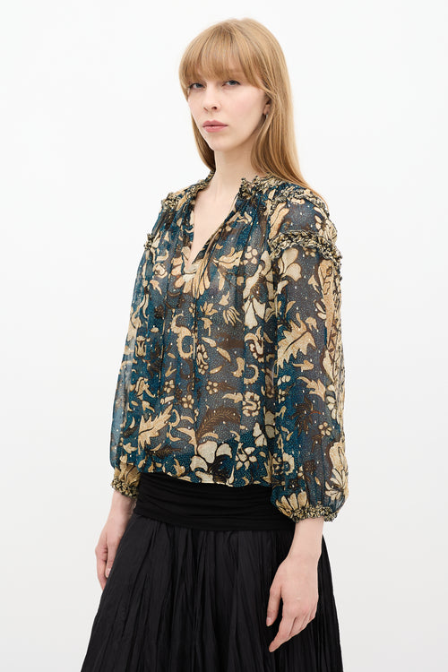 Ulla Johnson Teal & Beige Floral Printed Blouse