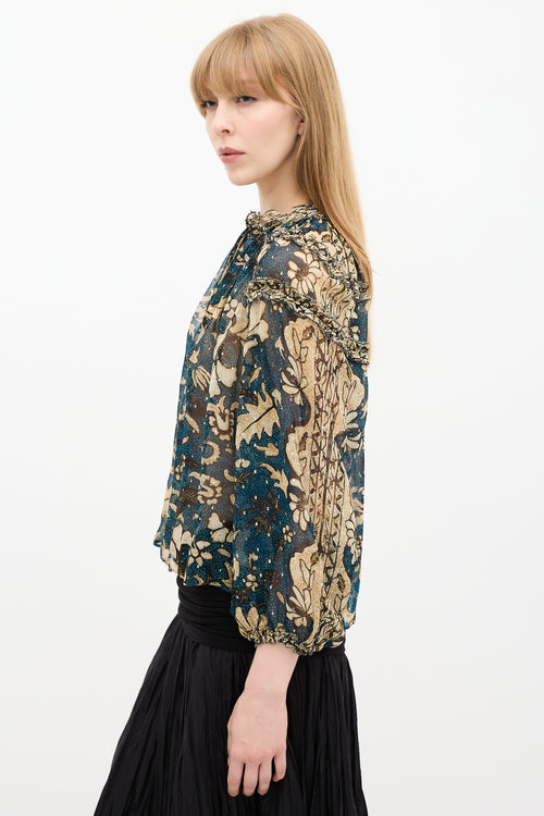 Ulla Johnson Teal & Beige Floral Printed Blouse