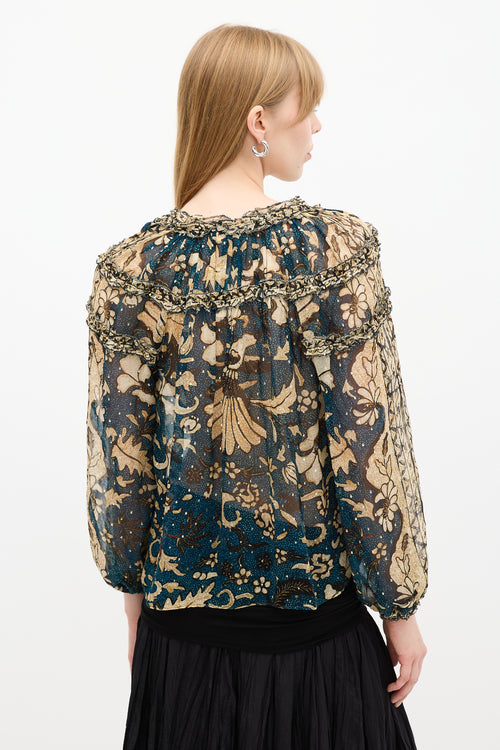 Ulla Johnson Teal & Beige Floral Printed Blouse