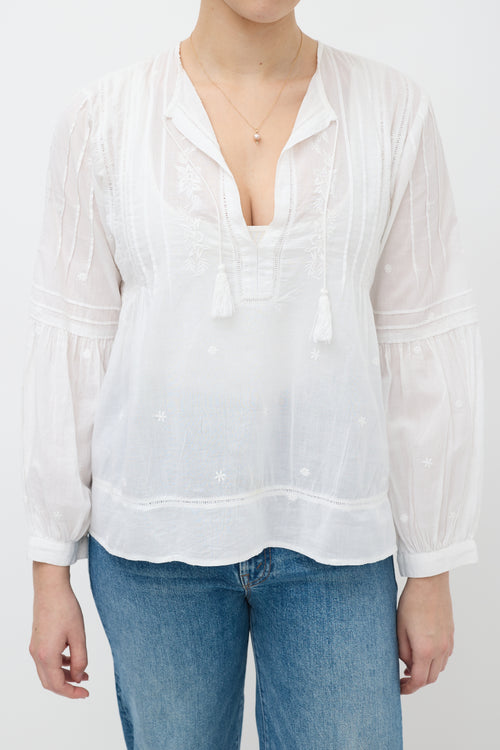 White Floral Eyelet Tassel Top