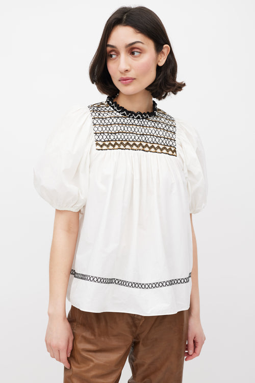 Ulla Johnson White & Multicolour Embroidered Smocked Top